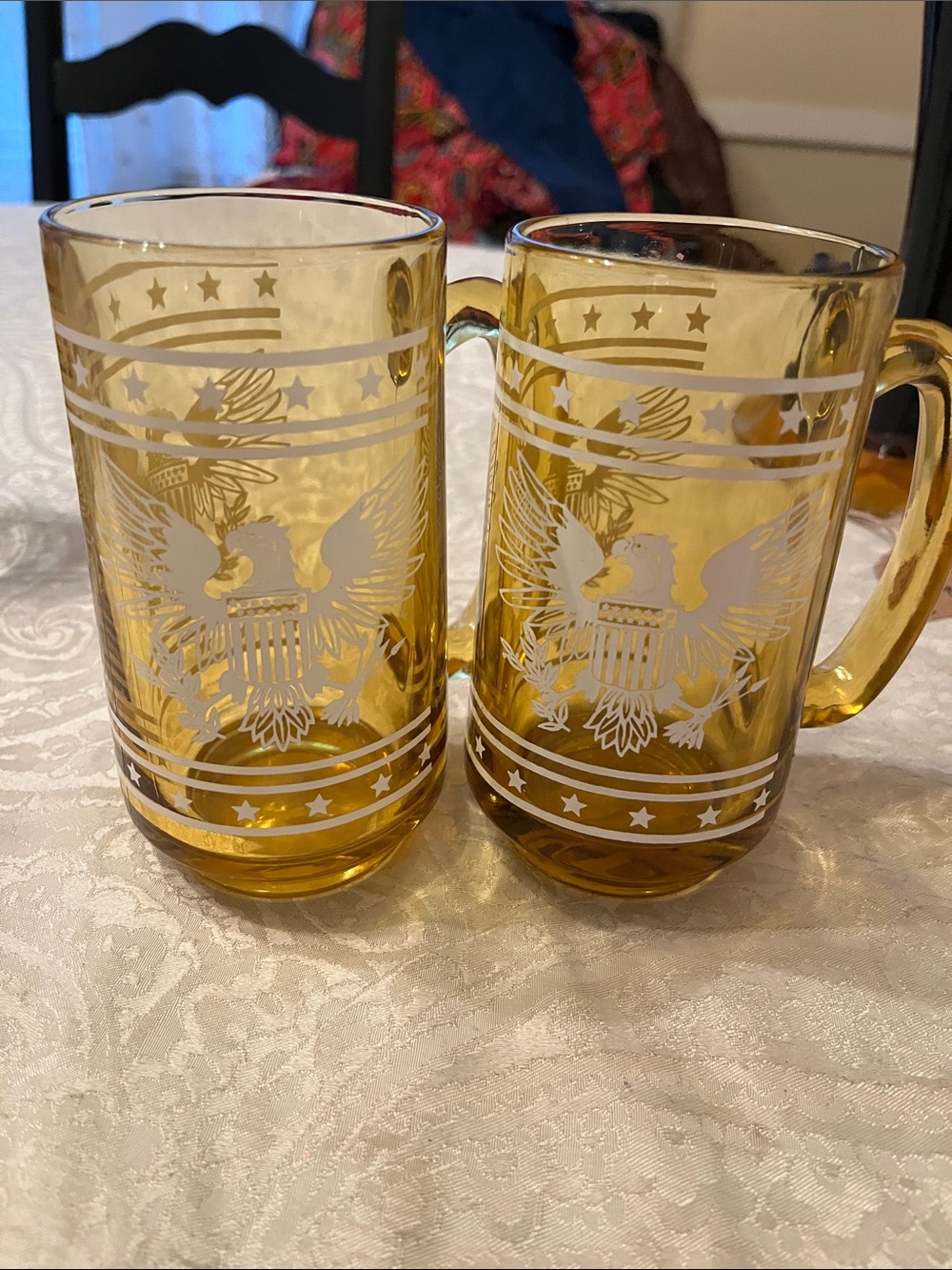 Amber Eagle Etched Glass Mugs - Pair Vintage MCM in EUC!!